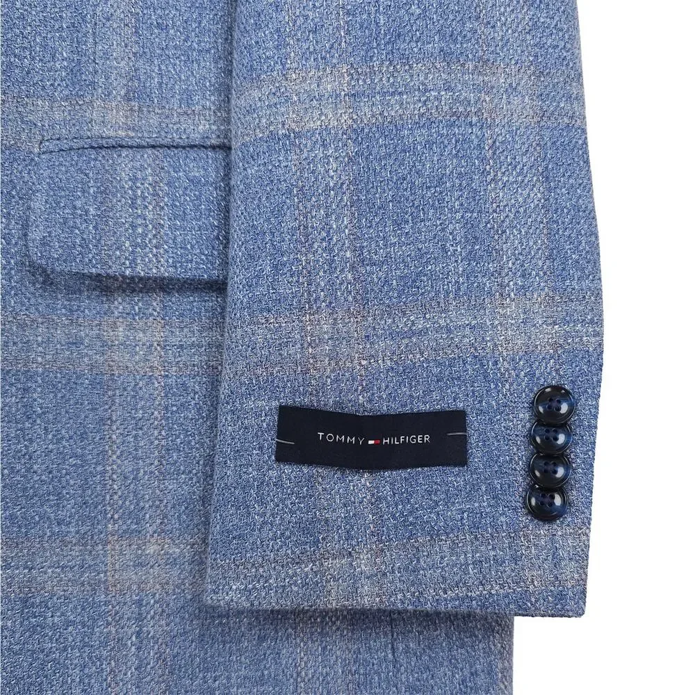 Tommy Hilfiger Mens Modern Fit Sport Coat 48R Light Blue Plaid Basketweave NWT